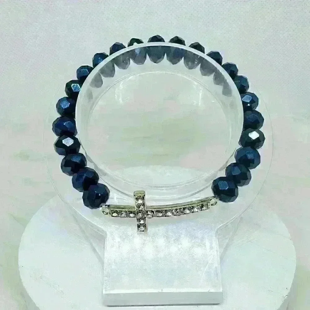 Navy Blue Beaded Bracelet with Rhinestones Cross